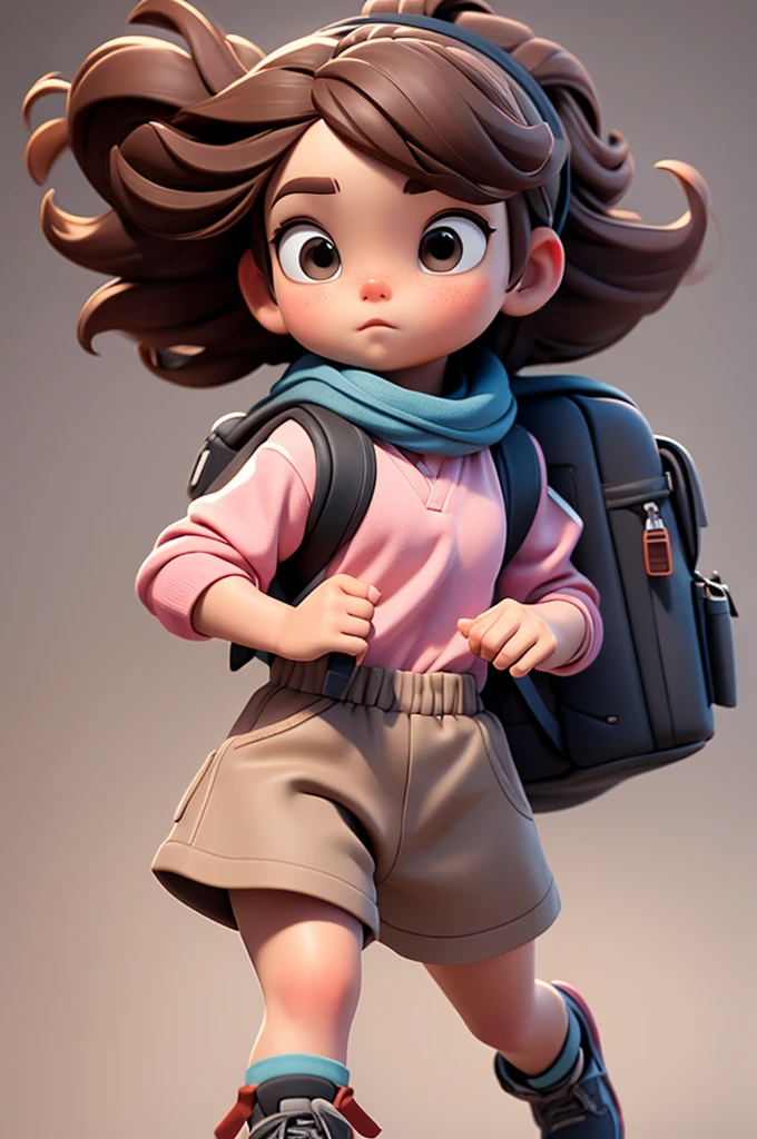 A young girl running, A camera was slung around his neck.Brown hair, Wearing sportswear, Carrying a backpack,Blank Background ,Detailed description,Bubble Matte Style, Clay material, Hue, Strong depth, 3d, C4D,, Simple background, Blender, high quality, high resolution, 32K, 9:16 -- 180 -- Less than 6