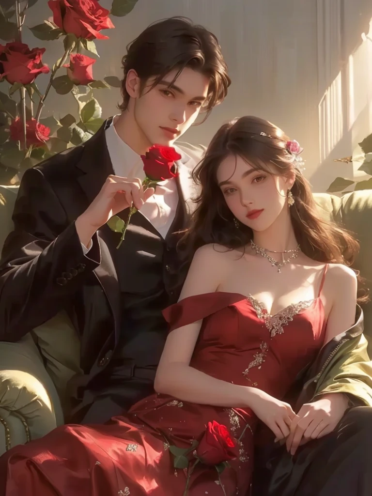 A couple sitting on a sofa,Holding a rose,,Beautiful face,=