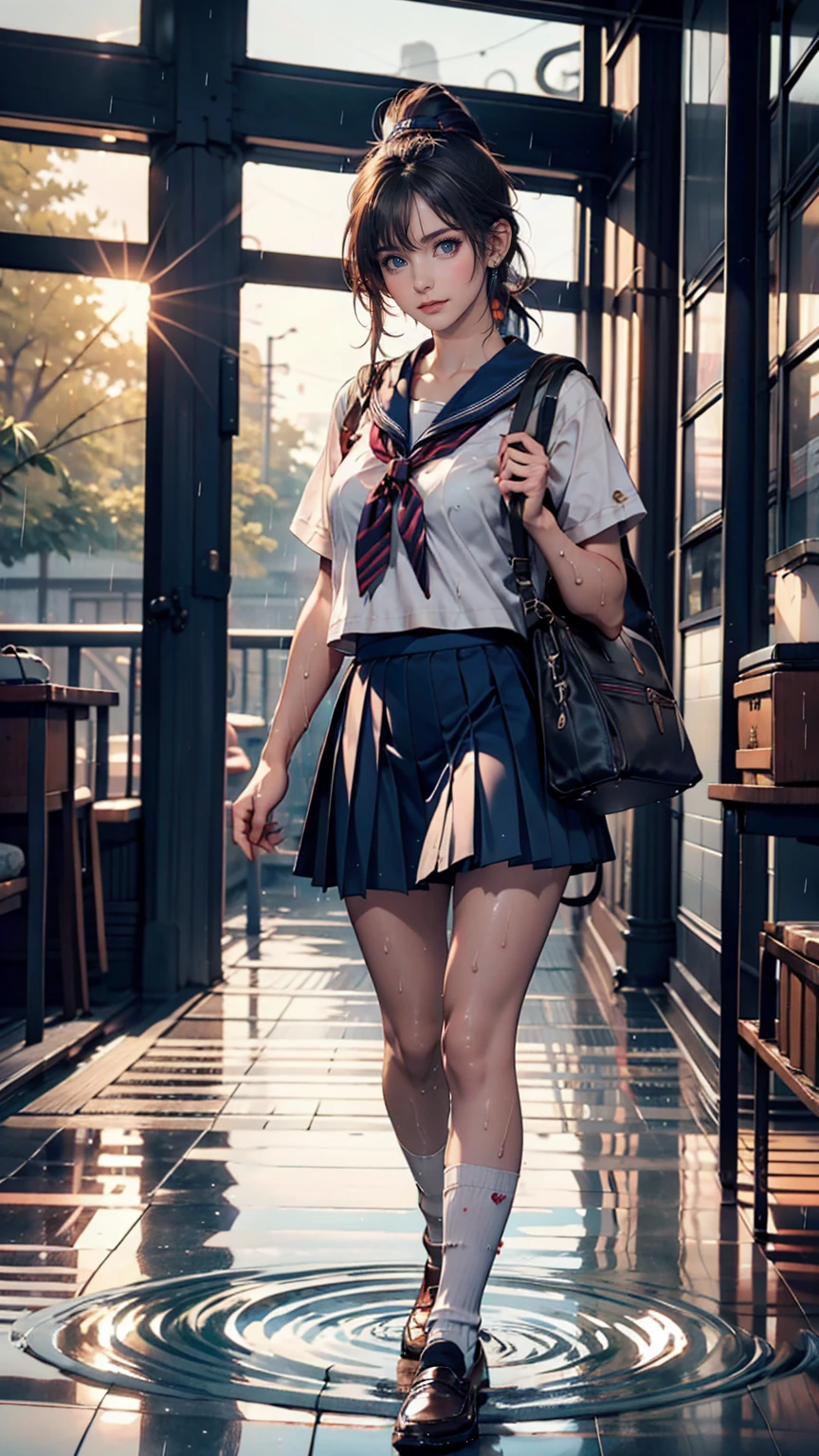 high school girl、Sailor suit（summer服)、Navy Pleated Skirt、socks、loafers、ponytail、School bag、summer、Sudden sunset（rain)、Soaking wet、古びたバス停の待合室でrain宿り