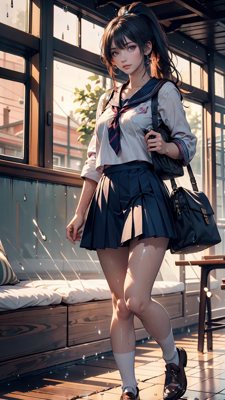 Japanese 、Sailor suit、Navy blue mini pleated skirt、loafers、School bag、Sitting in a chair with a classmate of the same sex in the bus stop waiting room while waiting for the bus、one summer day
