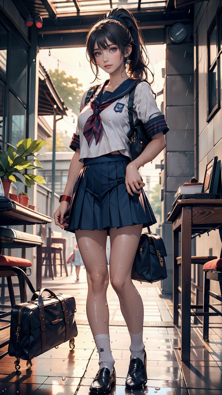 high school girl、Sailor suit(summer服)、Navy Pleated Skirt、socks、loafers、ponytail、School bag、summer、Sudden sunset(rain)、Soaking wet、古びたバス停の待合室でrain宿り