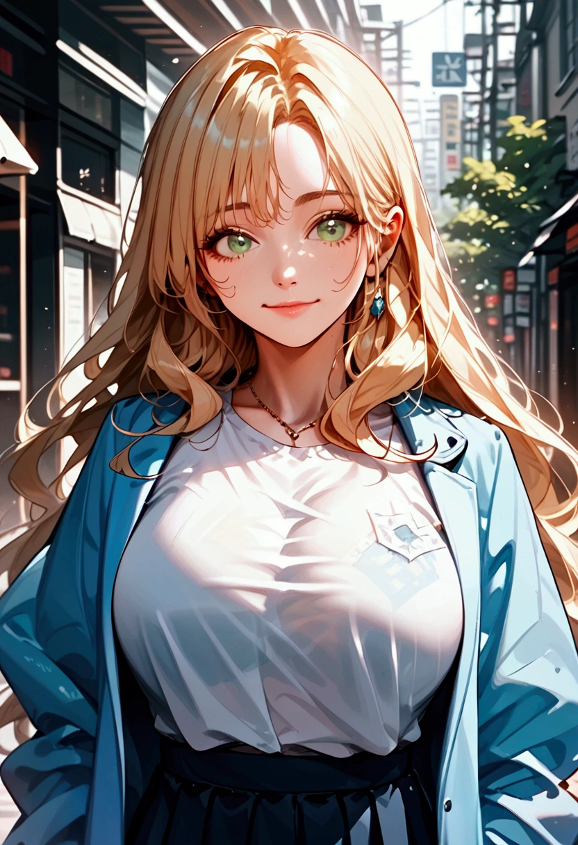 score_9, score_8_up, score_7_up, score_6_up, anime style, masterpiece, highly detailed, centered, cinematic shot, 1lady, solo, upper body, casual, long hair, minimal makeup, natural fabrics, close-up face, smile, home, long light platinum blonde hair, bangs, wavy hair, voluminous hair, green eyes, big breasts, cold clothing, cute clothes, pleated skirt, black skirt, beautiful clothing, blue parkas, blue coat, coat with fur, blue coat white fur, bangs on forehead, Korean bangs, cute bangs., mature manhwa,