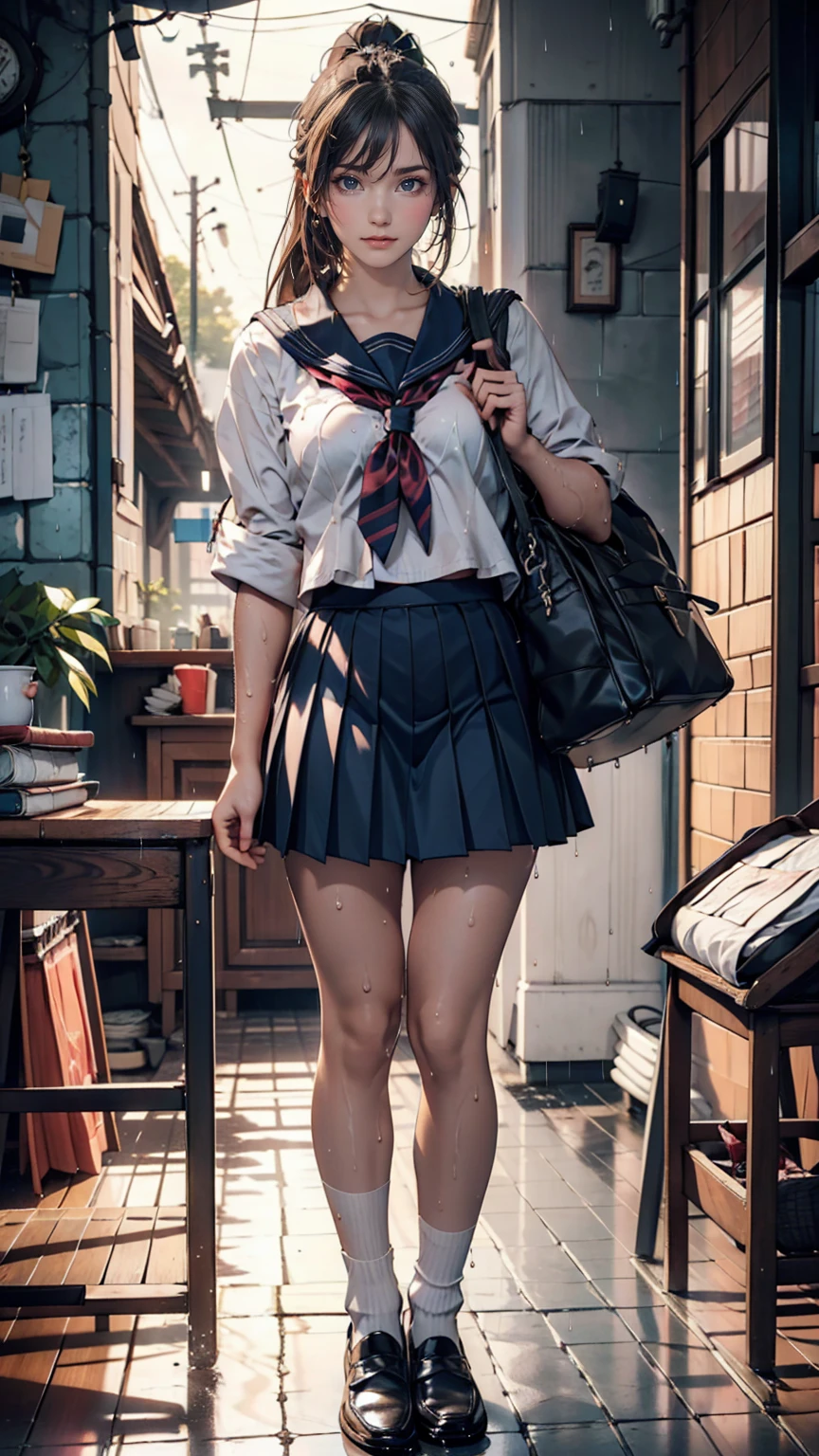 high school girl、Sailor suit(summer服)、Navy Pleated Skirt、socks、loafers、ponytail、School bag、summer、Sudden sunset(rain)、Soaking wet、古びたバス停の待合室でrain宿り