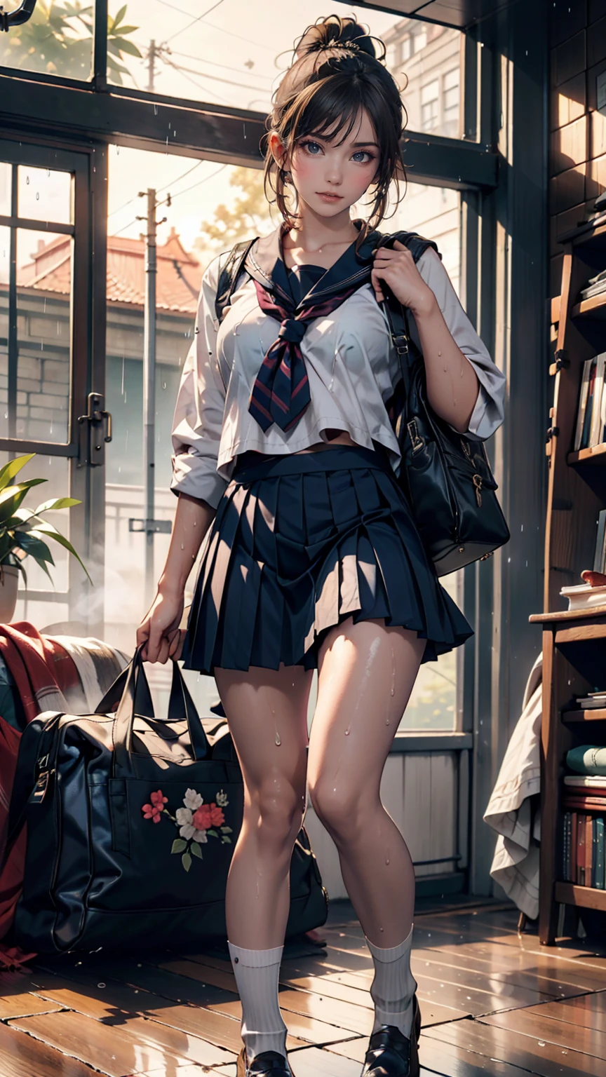 high school girl、Sailor suit(summer服)、Navy Pleated Skirt、socks、loafers、ponytail、School bag、summer、Sudden sunset(rain)、Soaking wet、古びたバス停の待合室でrain宿り