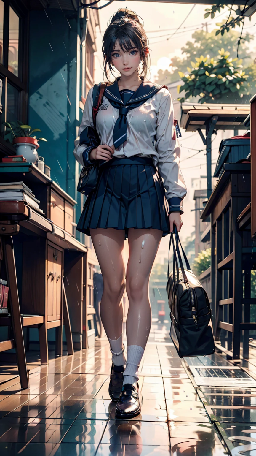 high school girl、Sailor suit(summer服)、Navy Pleated Skirt、socks、loafers、ponytail、School bag、summer、Sudden sunset(rain)、Soaking wet、古びたバス停の待合室でrain宿り