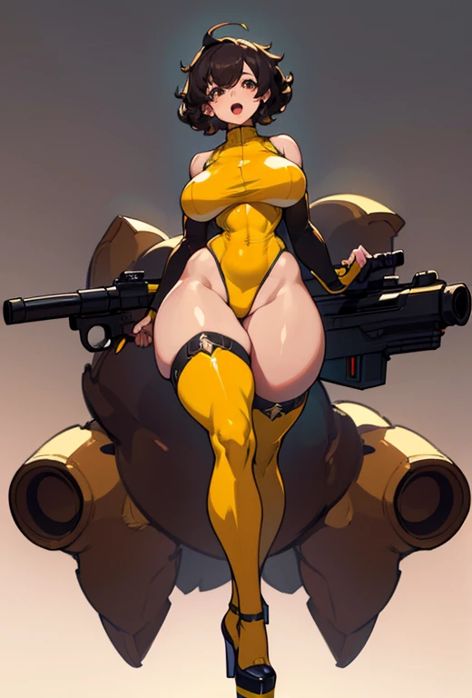 Young girl, Pullover, yellow high cut leotard, whole body to see, open mouth, smile , scream, short curly hair , (( very wide hips)), (((colossal Thighs, gigantic thighs, very huge thighs, very big thighs))), fullbody, platform heels, tanned , brown skin, small breast, gun, cyberpunk, soldier girl , black hair, leg garter,