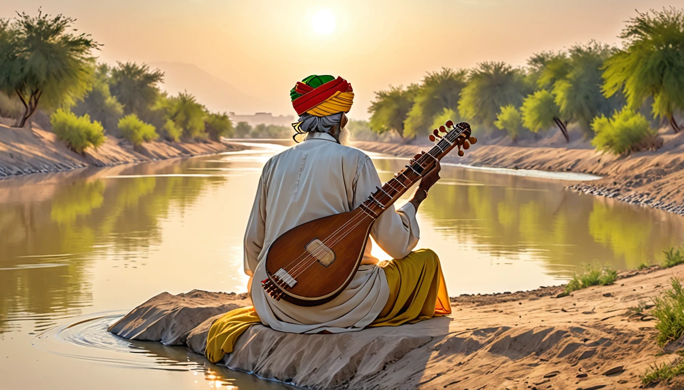 Shield of David,Indian,turbaned,Back view of an old man holding a sitar in the distance,Sitting on the banks of the Indus,The clothes he wears are Rastafarian,I can&#39;t see the sitar