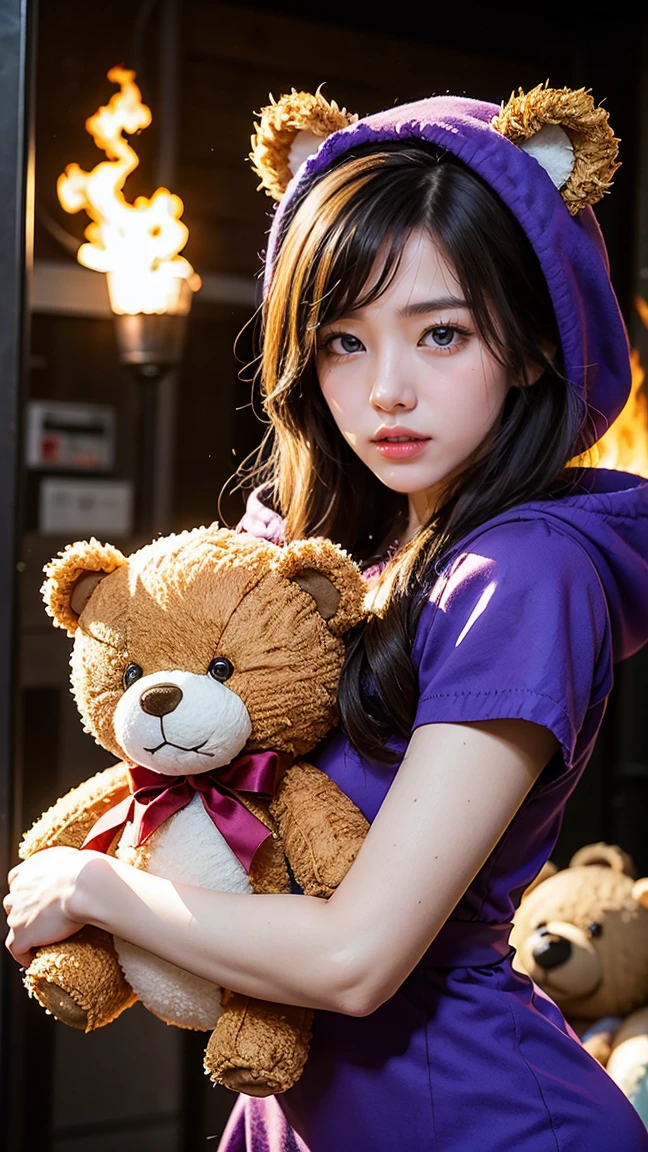 Classic Annie from League of Legends by Riot Games: Annie in her classic purple dress with bear ears on her hood, holding her teddy bear,massive k-cups, Tibbers, summoning a massive fireball in her hand, with Tibbers ready to transform into a giant fiery bear.
