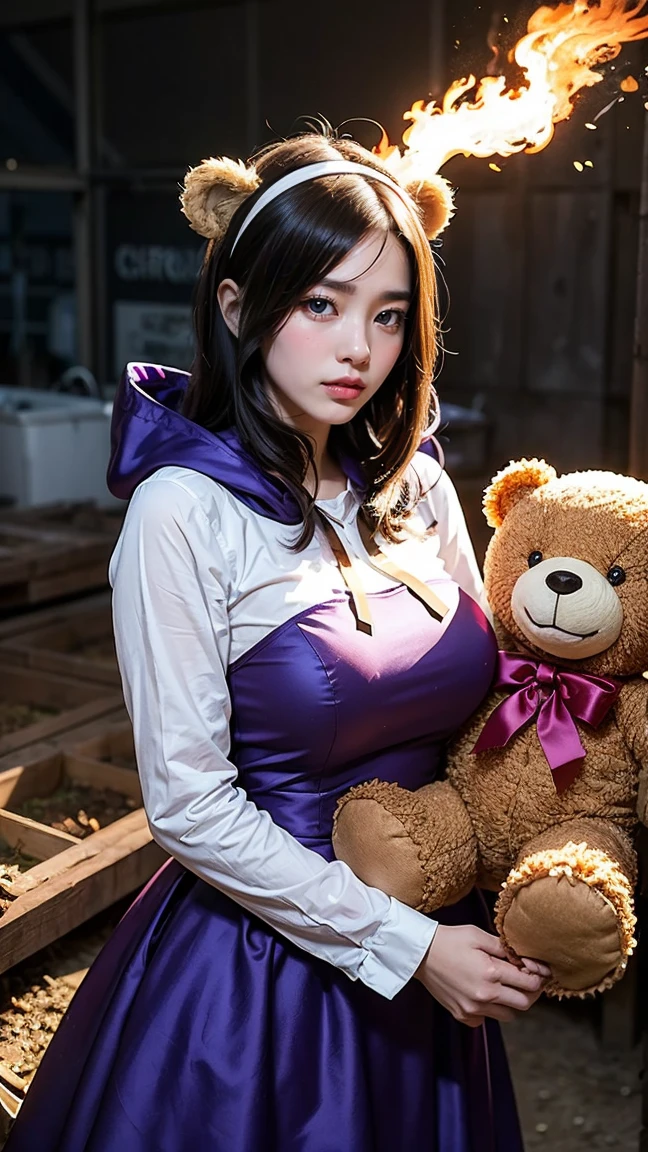 Classic Annie from League of Legends by Riot Games: Annie in her classic purple dress with bear ears on her hood, holding her teddy bear,massive k-cups, Tibbers, summoning a massive fireball in her hand, with Tibbers ready to transform into a giant fiery bear.