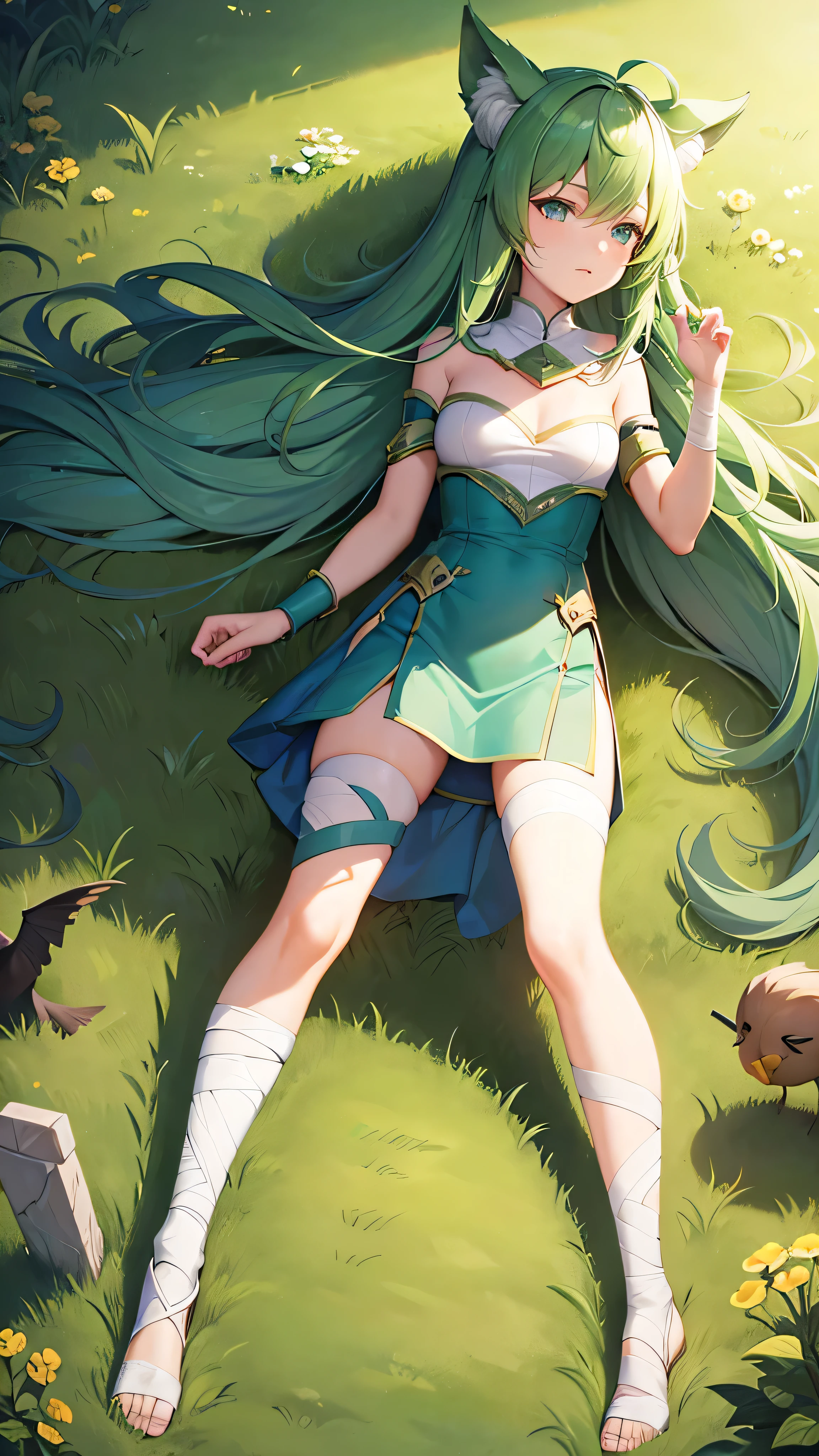 Grass, null, Field, League of Legends, One girl, Fairy, Druid, Animal ears, bandage legs, Long legs, bandage, bandage, Bird&#39;s feet, Bird Skull, Cape, shut up, Headdress ears, Eyes visible through hair, face painting, feather, Food, Fooded Cape, Long Hair, Brown green eyes, Ginger, Redhead, Colorful Hair, armor, blue scarf, scarf, scarf, scarf Long Hair, Fooded scarf, Green clothes, Green Skirt,  Long skirt, leather armor, nose chakra, nostril, Backpack