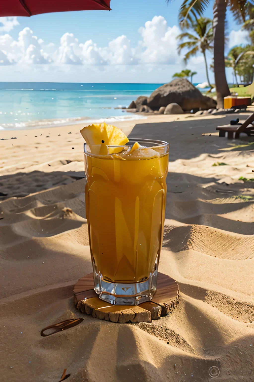 a glass of pineapple tea on the beach
