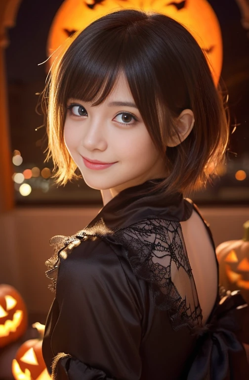 ((from below),a 20 years old girl, detailed cutie face, beautiful detailed eyes, detailed dropped eyes, beautiful charming smile, extremely detailed face,slender,short hair,anime style, halloween costume:2.0), Hires fix,colorful lights, pumpkin decorations, haunted house, best quality, 4k, highres, masterpiece, realistic, photorealistic, photo-realistic, vivid colors, intricate details, fantasy, soft lighting, magical
