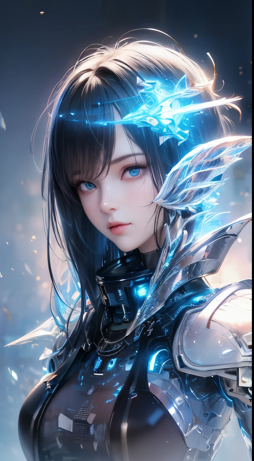 Realistic style,Real shooting,photography,Delicate facial features,Girl wearing cyber sci-fi makeup,Cool obsidian texture black clothes,In a brightly lit future environment。The style belongs to surreal science fiction fantasy machinery、Norwegian nature、Surreal waterscape,With Bryce 3D technology,sci-fi movie,high tech,Futuristic,Crazy details,Extreme light,Focal length 200mm,Aperture 2.0,Overhead shot,OC Rendering,Ray Tracing,Master composition,