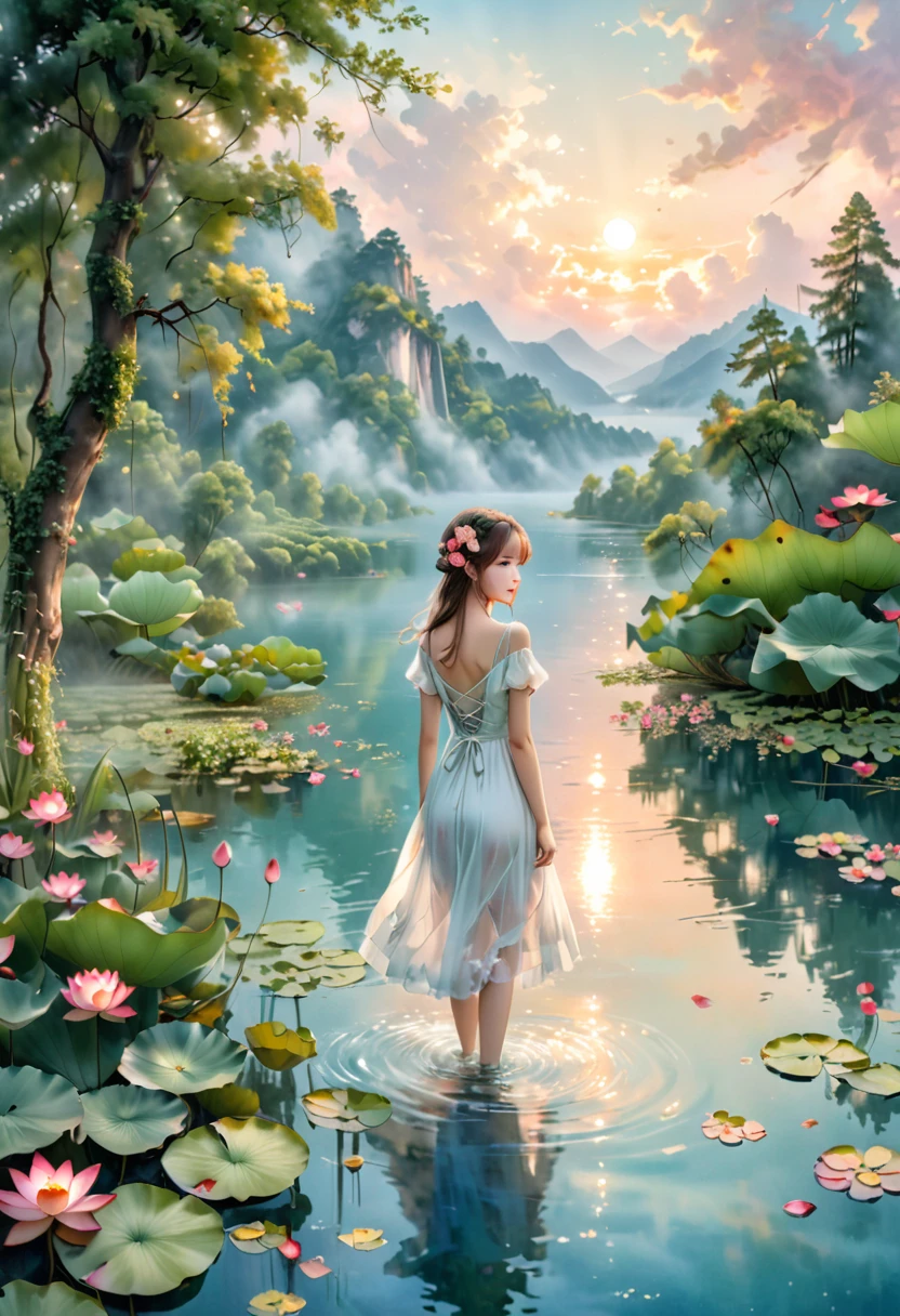 Colored pencils,fairy tales,Hand-painted feel,exquisite,A girl in a white dress stands in the water,(The head is replaced by an old-fashioned TV set covered with flowers:1.2),The background is the natural landscape of the lake,Including lotus flowers in the water and trees in the distance,The overall tone is warm,Dominated by pink and green,营造出一种dream般的复古氛围。There are also some wires and unplugged wires in the picture.,Adds a touch of modern and natural feeling,dream,montage