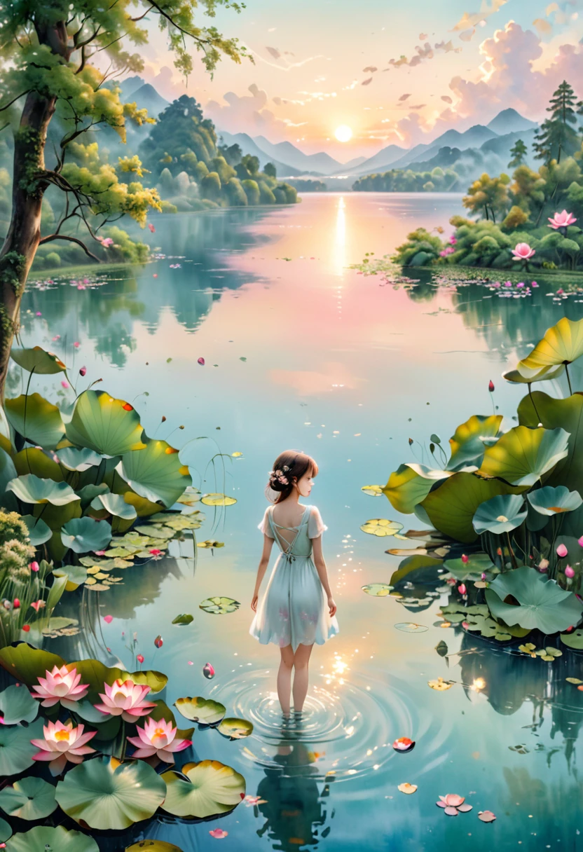 Colored pencils,fairy tales,Hand-painted feel,exquisite,A girl in a white dress stands in the water,(The head is replaced by an old-fashioned TV set covered with flowers:1.2),The background is the natural landscape of the lake,Including lotus flowers in the water and trees in the distance,The overall tone is warm,Dominated by pink and green,营造出一种dream般的复古氛围。There are also some wires and unplugged wires in the picture.,Adds a touch of modern and natural feeling,dream,montage