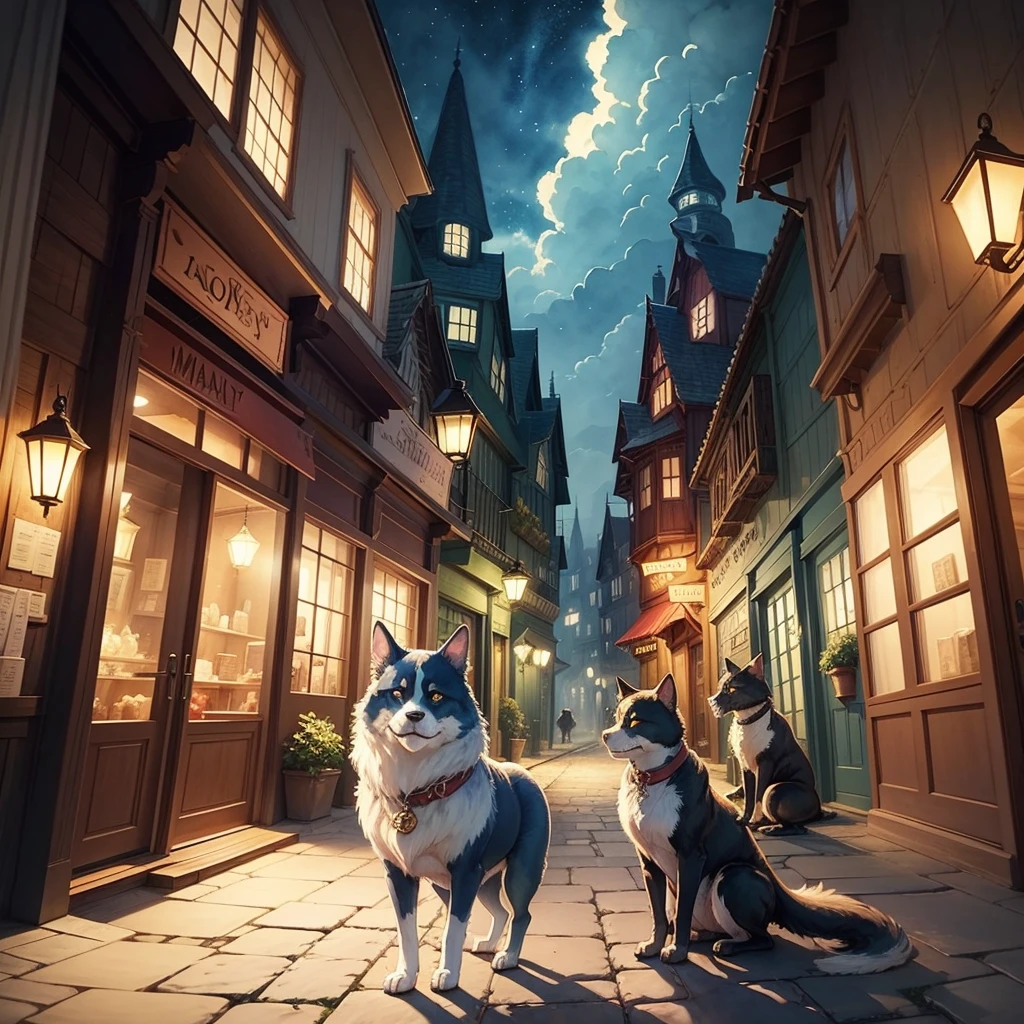 Generate watercolor illustrations of fantasy world . dog, cat, and dragon drawn with a soft touch like a picture book. I would like a background of the town at night.