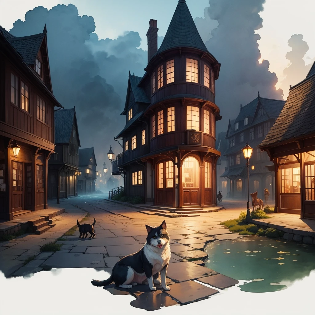 Generate watercolor illustrations of fantasy world . dog, cat, and dragon drawn with a soft touch like a picture book. I would like a background of the town at night.