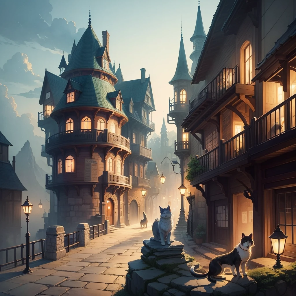 Generate watercolor illustrations of fantasy world . dog, cat, and dragon drawn with a soft touch like a picture book. I would like a background of the town at night.