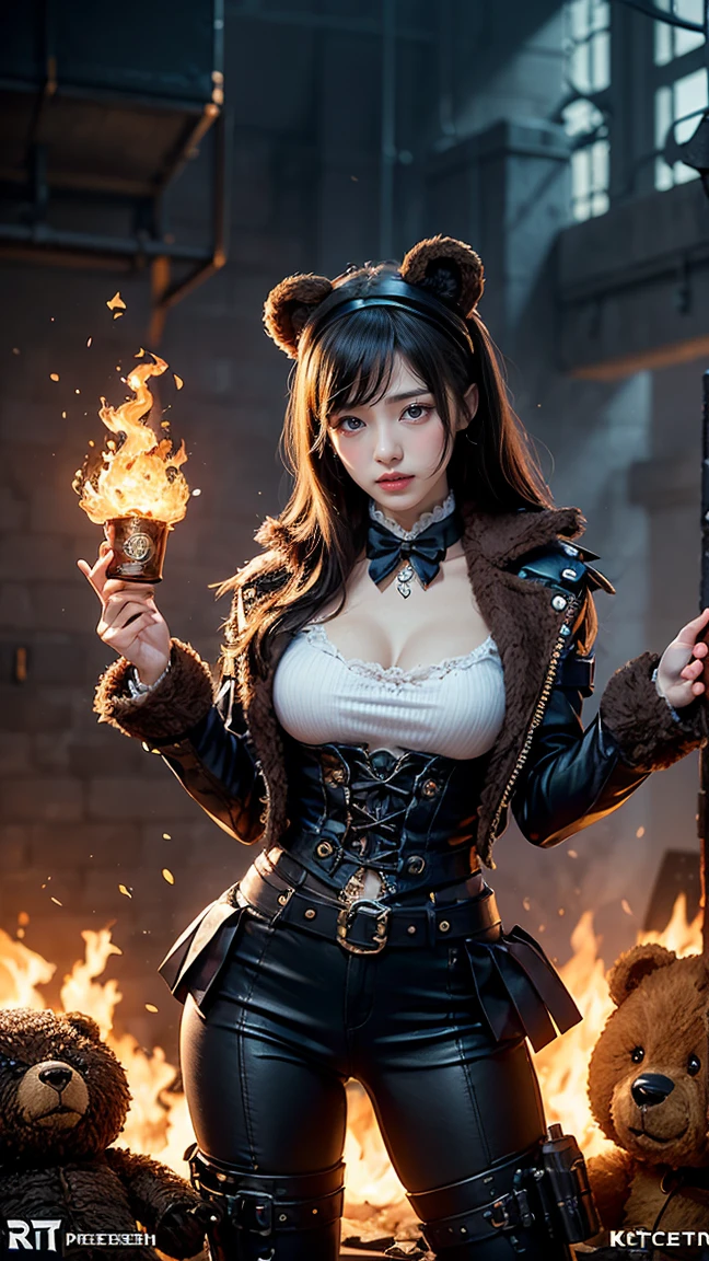 Hextech Annie from League of Legends by Riot Games: Annie in her Hextech skin, massive k-cups,dressed in a steampunk-inspired outfit with gears and mechanical parts, controlling blue, hextech-infused flames, with Tibbers appearing as a mechanical bear powered by hextech energy.