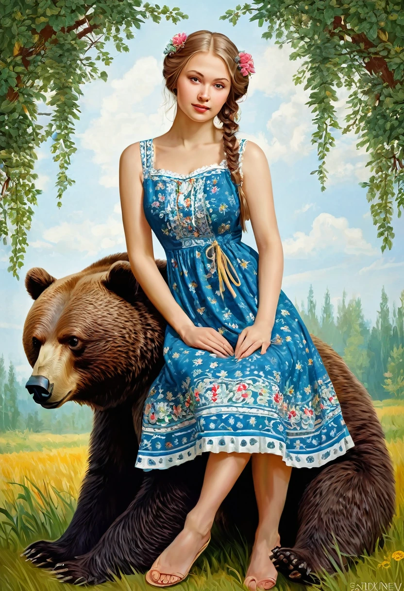 beautiful girl in a sundress sitting on a bear, Slavic!!!! Igor Grabar, Maxim Sukharev, , in the style of Stanislav Vovchuk, traditional Russia, Russian style, Slavic folk tale, based on Alexander Deineka, Sergei Vasnev, Mikhail Lebedev, pinup art