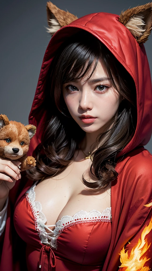 Red Riding Annie from League of Legends by Riot Games: Annie in her Red Riding skin, massive k-cups,dressed as Little Red Riding Hood with a red cloak and hood, conjuring fiery wolves, with Tibbers looking like a giant, ferocious wolf.