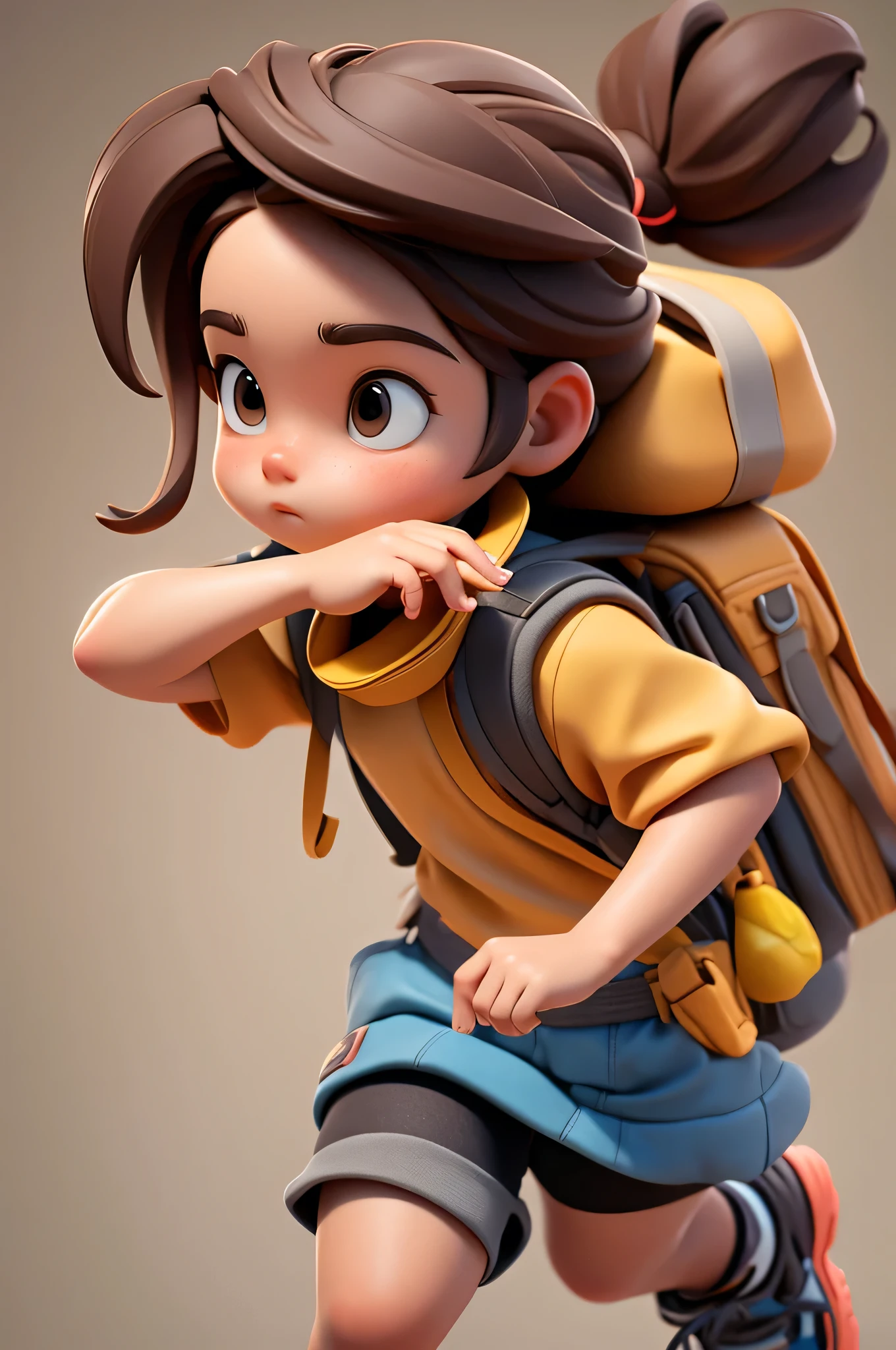 A young girl running, A camera was slung around his neck.Brown hair, Wearing sportswear, Carrying a backpack,Blank Background ,Detailed description，Bubble Matte Style, Clay material, Hue, Strong depth, 3d, C4D,, Simple background, Blender, high quality, high resolution, 32K, 9:16 -- 180 -- Less than 6