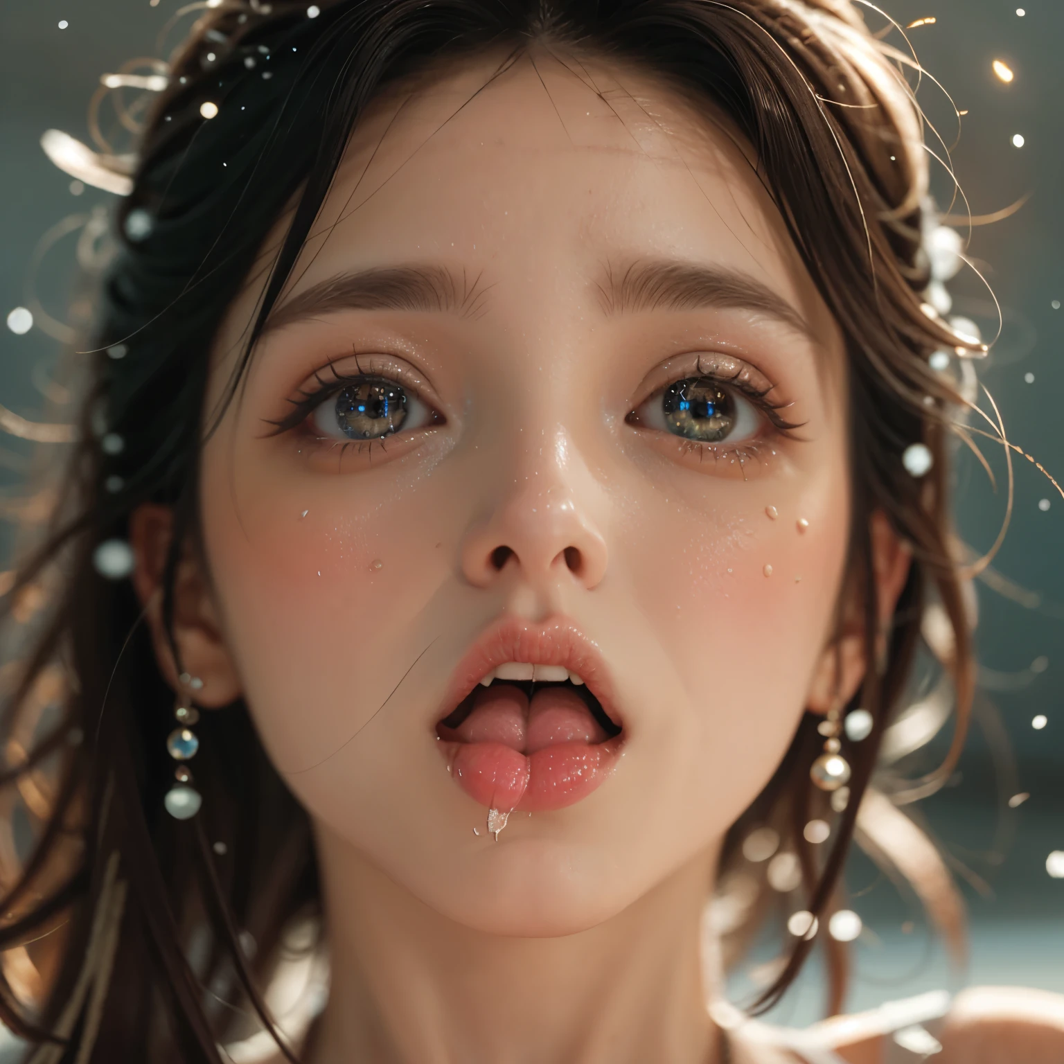 ExtremelyDetailed Kawaii girl Face,(Close-up big lips), glossy lips with beautiful details, Coquettish tongue, Kissing to camera, towards the viewer, 8K TopQuality masterpiece,an extremely delicate and beautiful (ProfessionalPhoto:1.37), Amazing,finely detail,official art,incredibly absurdres,ultra-detailed,close-up shot, close up, (fish eye lens), wide lens, macro lens, Detailed reflective Eyes ElaboratePupils with (sparkling highlights:1.28) (Delicate Voluminous LongEyelashes:0.88), {Tilted face|Visible back of throat|saliva drips|naked shoulder}, (Dripping juice on tongue:1.28) snow particles