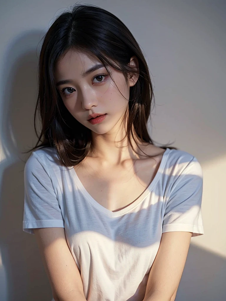 Highest quality、masterpiece、Ultra-high resolution、(Realism:1.4)、1 girl、In a pale background、Deep Shadow、Low Key、Shortcuts、Upper Body、sex appeal、Wearing a T-shirt
