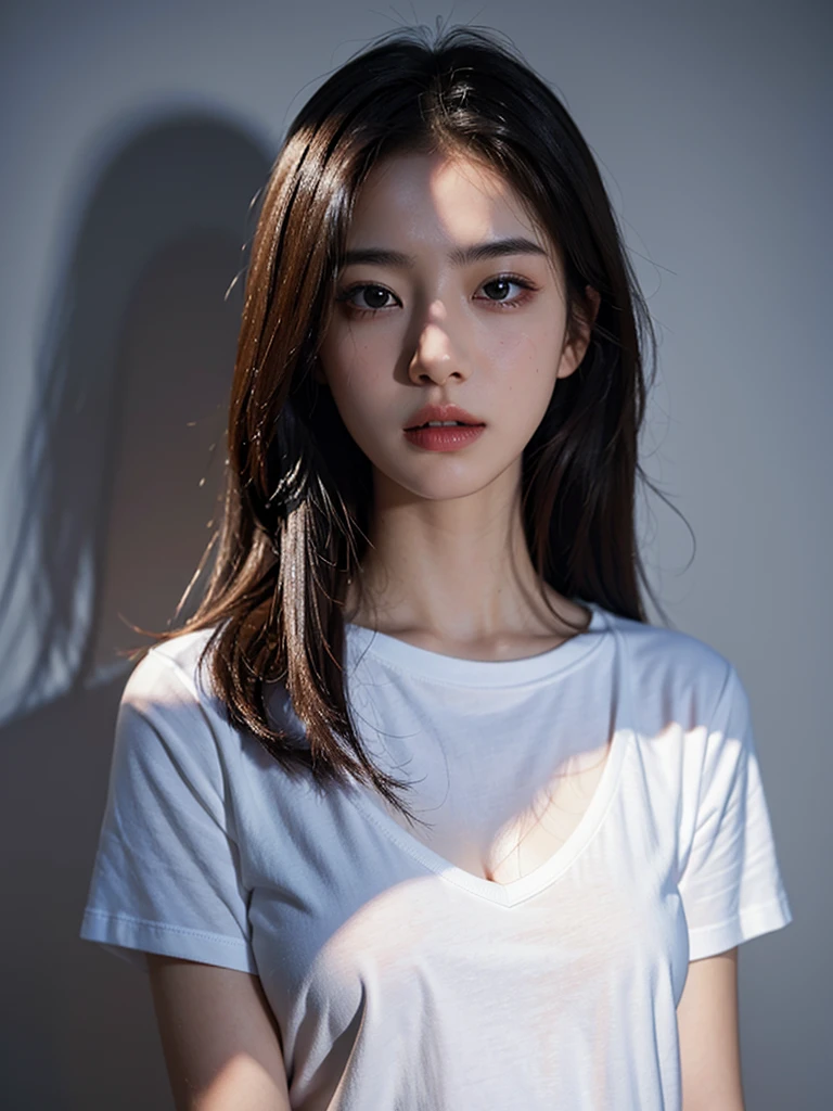 Highest quality、masterpiece、Ultra-high resolution、(Realism:1.4)、1 girl、In a pale background、Deep Shadow、Low Key、Shortcuts、Upper Body、sex appeal、Wearing a T-shirt