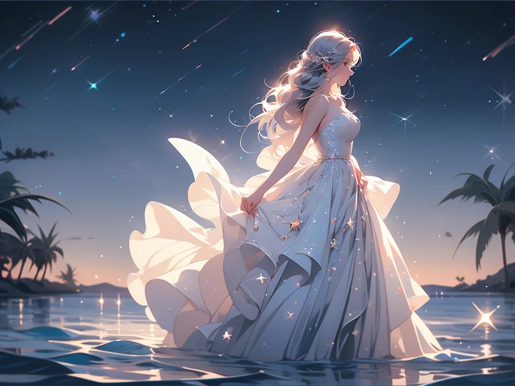 xcdd, 1girl, solo, dress, wading, star \(symbol\), long hair, skirt hold, water, white dress, bare shoulders, sky, night, glowing, blue eyes, standing, profile, bare arms, sparkle, strapless, braid, star \(sky\), strapless dress, from side, outdoors, night sky, looking away