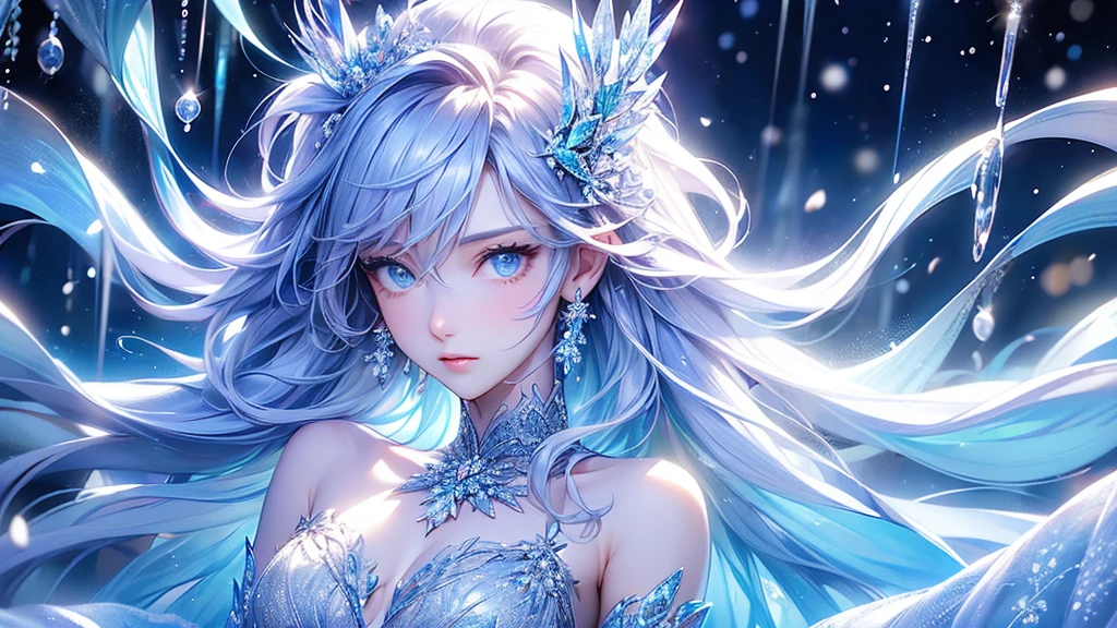 (Upper body photo:1.5)wood, Exquisite mini ice spikes and crystals, A frozen waterfall in the background, Light reflected by ice crystals, Flowing snowflakes.1 girl、pretty girl,A realistic person,Beautiful cleavage,((small breasts)),Thin legs、Tight waist、standing, Long dress