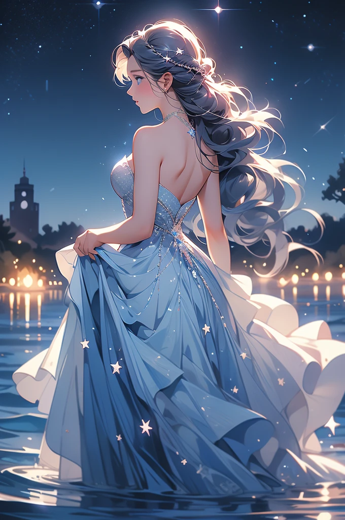 xcdd, 1girl, solo, dress, wading, star \(symbol\), long hair, skirt hold, water, white dress, bare shoulders, sky, night, glowing, blue eyes, standing, profile, bare arms, sparkle, strapless, braid, star \(sky\), strapless dress, from side, outdoors, night sky, looking away