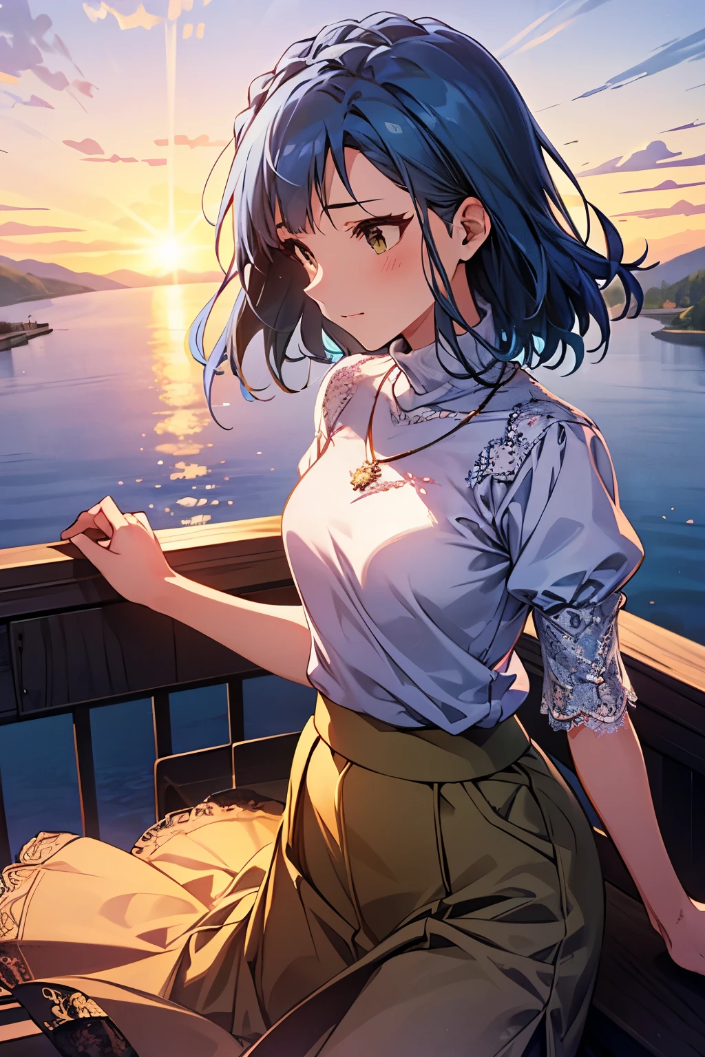 yuriko nanao (million live), 1 girl, Solo, Best Quality, masterpiece, 8K, High resolution, Ultra-detailed, madeon, blue sweater, high neck sweater, puffy sleeves, short sleeves, necklace, long skirt, (((flared skirt, lacy skirt, white skirt))), in the observation deck, high mountain and the lake in distance, sun set,