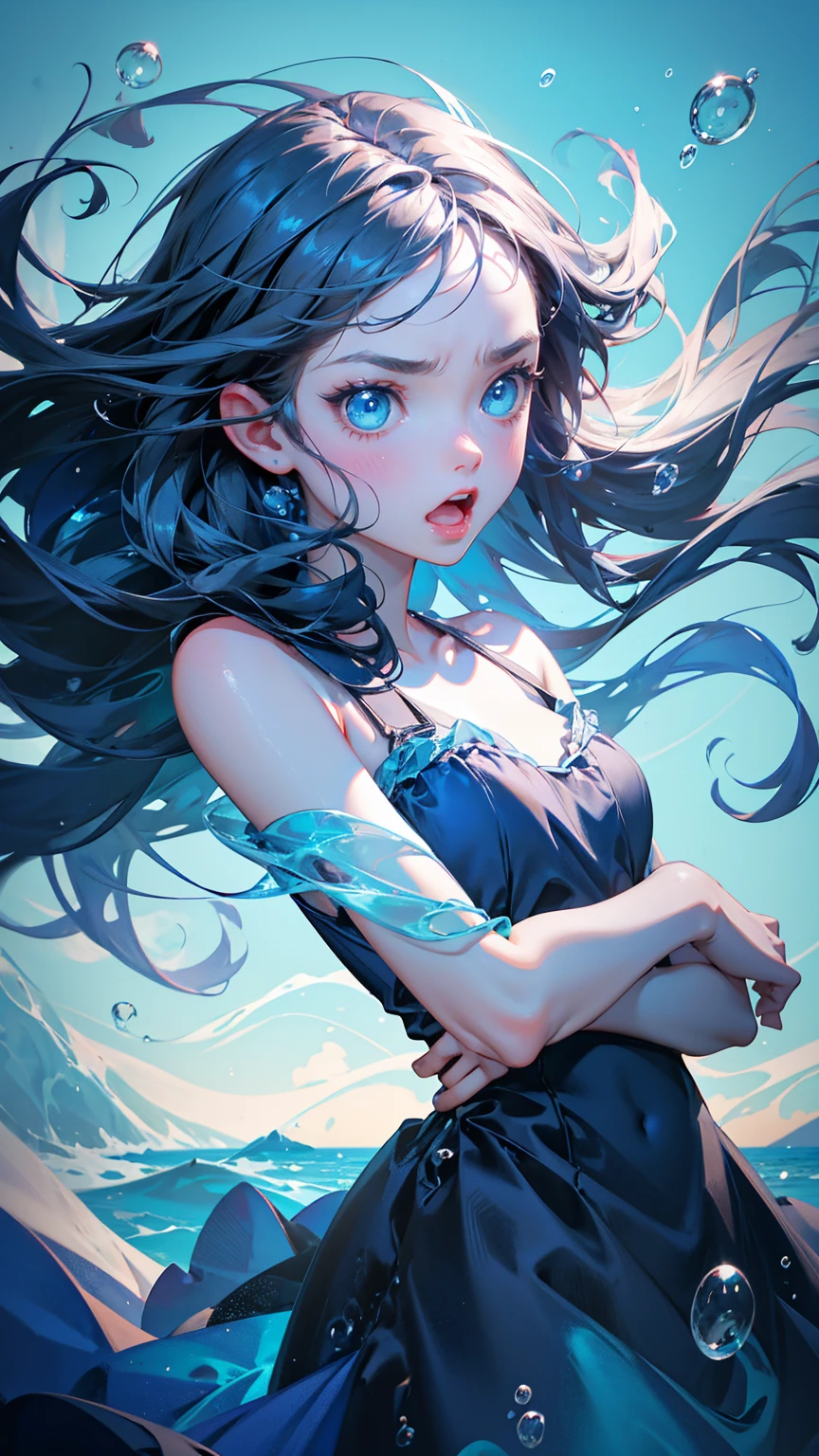 cute girl with angry emotions on face, blue dress, body stuck in sea, face out of sea, surrounded by water bubbles in the sea,. surrounded by bubbles. big eyes and wide open mouth, The background of gray gradient colors features large text "stuck transaction" in front of it