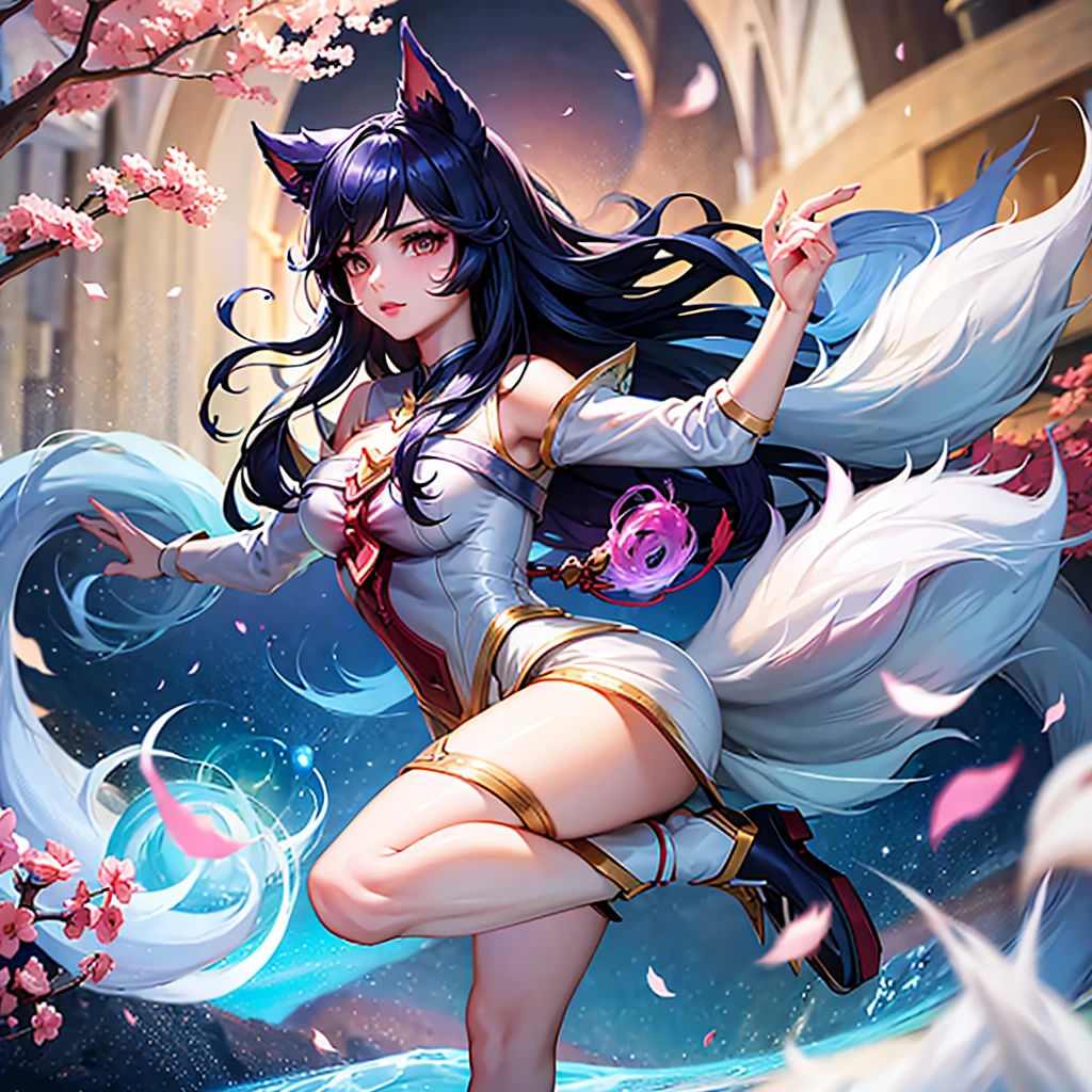 Ahri, 9 massive white tails, detailed fluffy tails