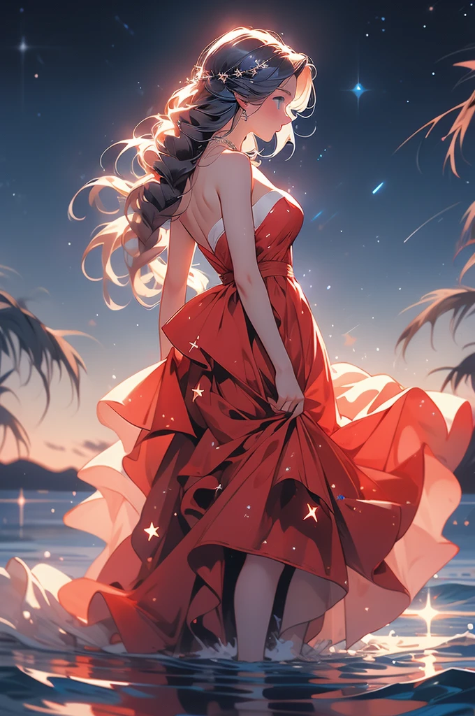 xcdd, 1girl, solo, dress, wading, star \(symbol\), long hair, skirt hold, water, red dress, bare shoulders, sky, night, glowing, blue eyes, standing, profile, bare arms, sparkle, strapless, braid, star \(sky\), strapless dress, from side, outdoors, night sky, looking away