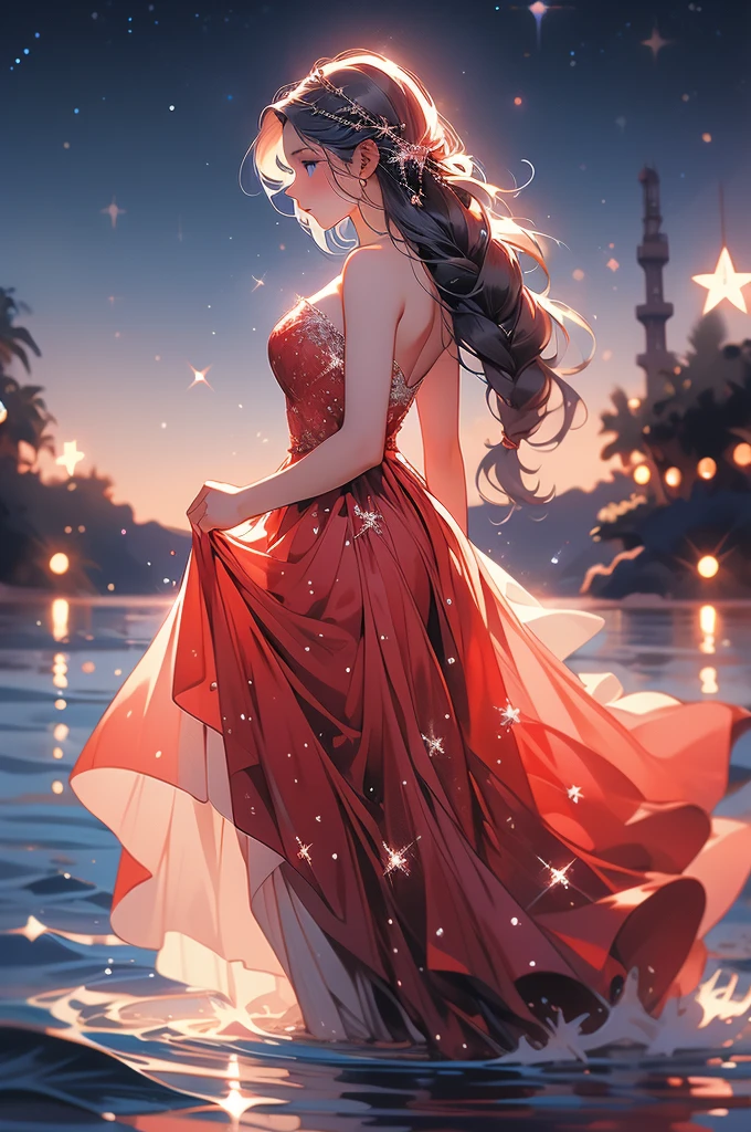 xcdd, 1girl, solo, dress, wading, star \(symbol\), long hair, skirt hold, water, red dress, bare shoulders, sky, night, glowing, blue eyes, standing, profile, bare arms, sparkle, strapless, braid, star \(sky\), strapless dress, from side, outdoors, night sky, looking away