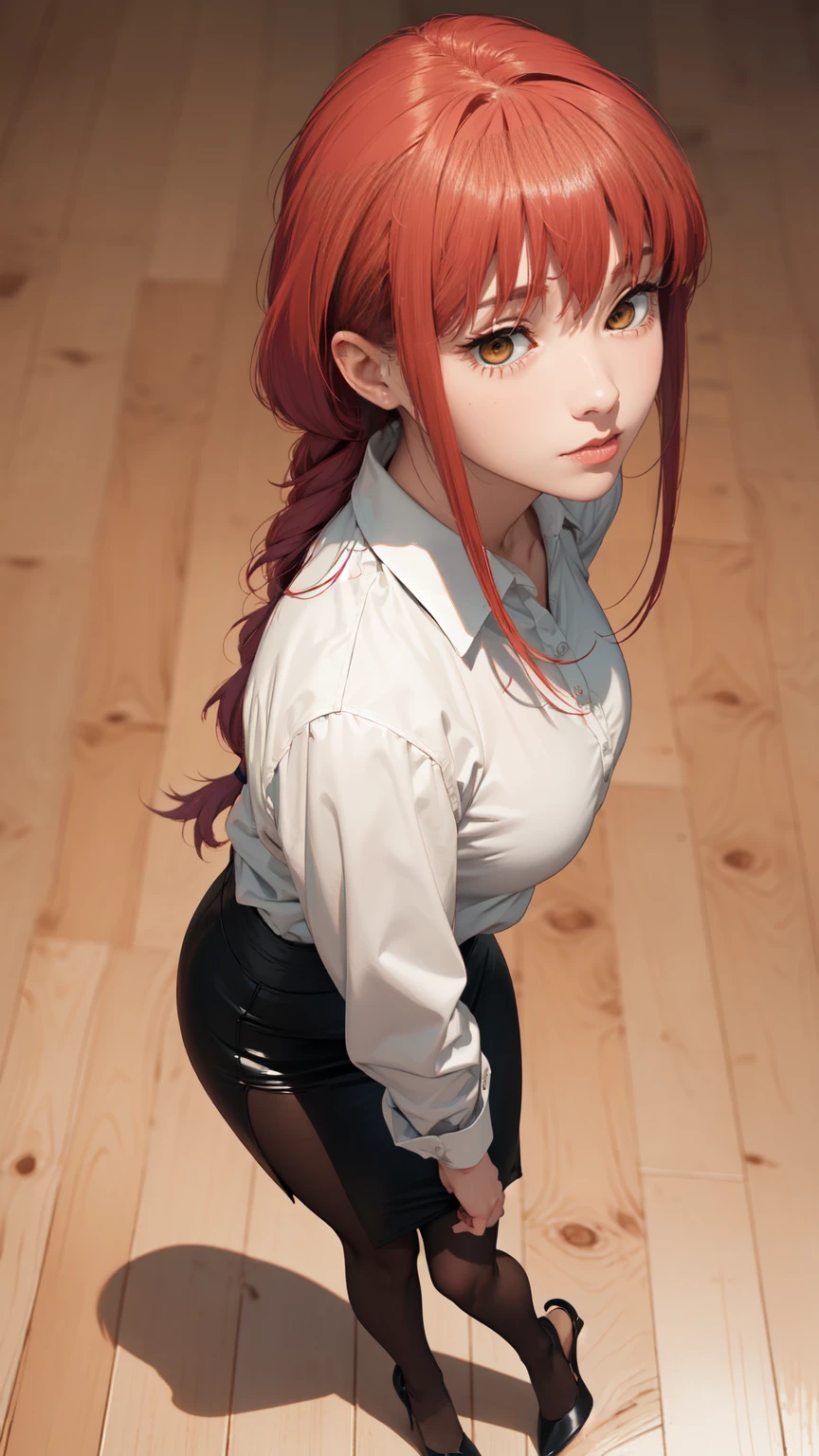 ((masterpiece, Best Quality, high resolution, Perfect Pixel, 8K))), 1 girl、medium thighs、 ((Red gorgeous hair))、(( Beautiful eyelashes、Realistic eyes))、 ((Detailed face, Blushing))、((Smooth texture:0.75, Realistic texture:0.65, Photorealistic:1.1, Anime CG style))、(Wearing White Shirt、pencil skirt、Indigo Pantyhose、stiletto pumps、standing、Sexy legs、Wooden Background)、Perfect realistic representation of face、seducing look at viewer、medium breasts、beautiful portrait、very High quality、ultra high definition、 insanely detailed face、ultra high quality、ultra high clarity、best quality)、beautiful curvious body、best image quality、best clarity、 highest resolution、8k resolution、ultra high resolution、seductive、dynamic lightning、shiny skin、bokeh:1.2、Full body shot、professional photograph