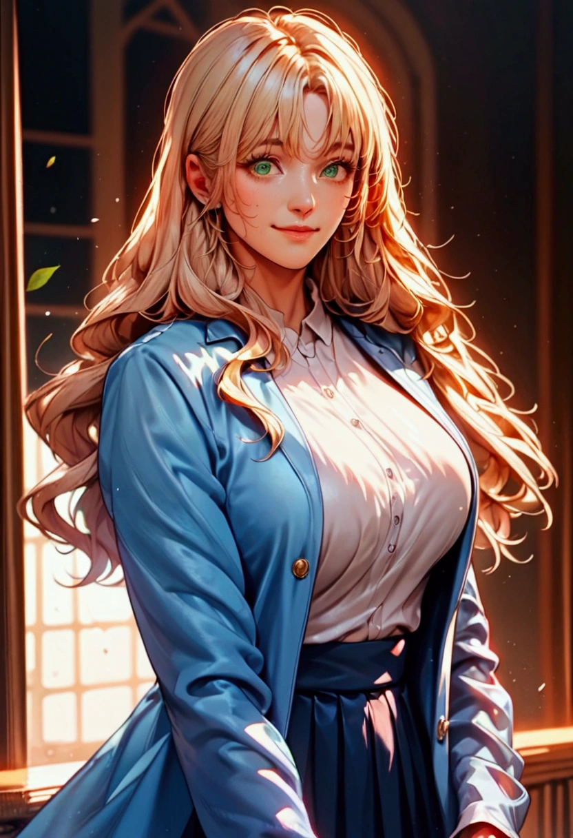 score_9, score_8_up, score_7_up, score_6_up, anime style, masterpiece, highly detailed, centered, cinematic shot, 1lady, solo, upper body, casual, long hair, minimal makeup, natural fabrics, close-up face, smile, home, long light platinum blonde hair, bangs, wavy hair, voluminous hair, green eyes, big breasts, cold clothing, cute clothes, pleated skirt, black skirt, beautiful clothing, blue parkas, blue coat, coat with fur, blue coat white fur, bangs on forehead, Korean bangs, cute bangs., mature manhwa,