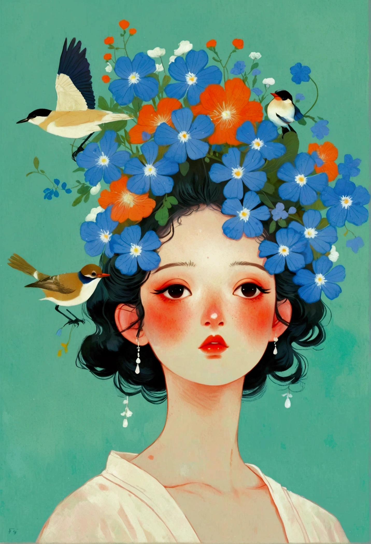 There is a bird on the girl&#39;s head in the painting，There is a blue bird on the head, Digital art inspired by Hsiao-Ron Cheng, Winner of the Behance competition, Pop surrealism, There&#39;s a bird on her head, A beautiful artistic illustration, Fantasy illustrations, Shin Jin Hye Art, Beautiful digital illustrations, Beautiful digital illustrations, Sachin Teng, Crown of blue flowers, Cute illustrations