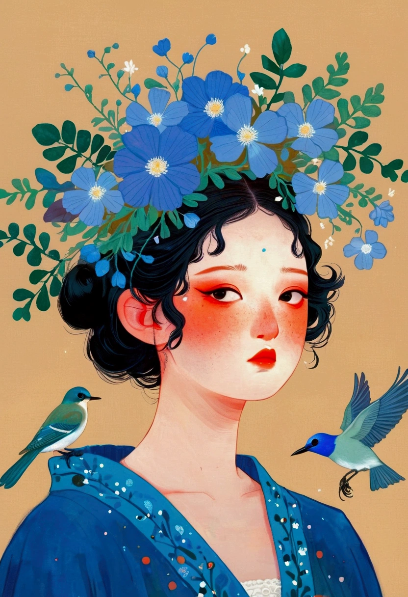 There is a bird on the girl's head in the painting,There is a blue bird on the head, Digital art inspired by Hsiao-Ron Cheng, Winner of the Behance competition, Pop surrealism, There's a bird on her head, A beautiful artistic illustration, Fantasy illustrations, Shin Jin Hye Art, Beautiful digital illustrations, Beautiful digital illustrations, Sachin Teng, Crown of blue flowers, Cute illustrations