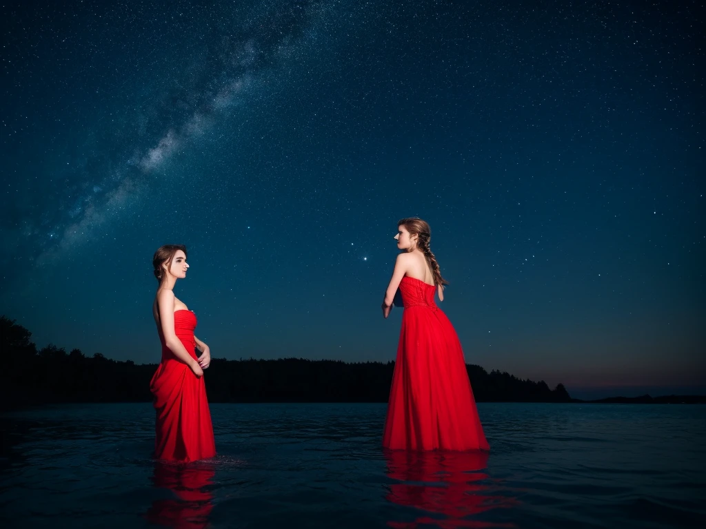 xcdd, 1girl, solo, dress, wading, star \(symbol\), long hair, skirt hold, water, red dress, bare shoulders, sky, night, glowing, blue eyes, standing, profile, bare arms, sparkle, strapless, braid, star \(sky\), strapless dress, from side, outdoors, night sky, looking away