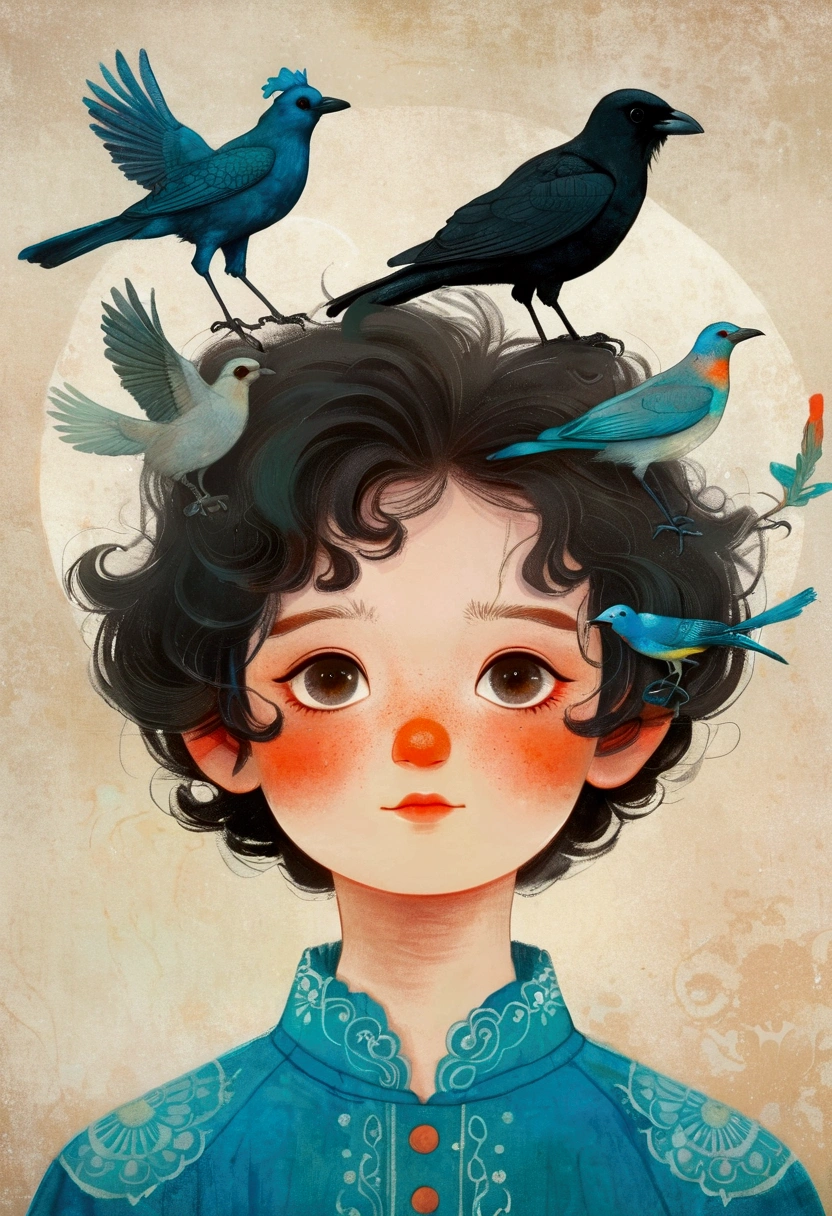 Drawing of a boy with a bird on his head, Beeple 和 Jeremiah Ketner, Edgar Maxence 和 Ross Tran, yuri shwedoff and tom bagshaw, Inspired by Maciej Kuciara, author:Gonzalo Endara Crow, Blue Head, sergey kolesov, Inspired by Tran Nguyen, Inspired by Marco Mazzoni