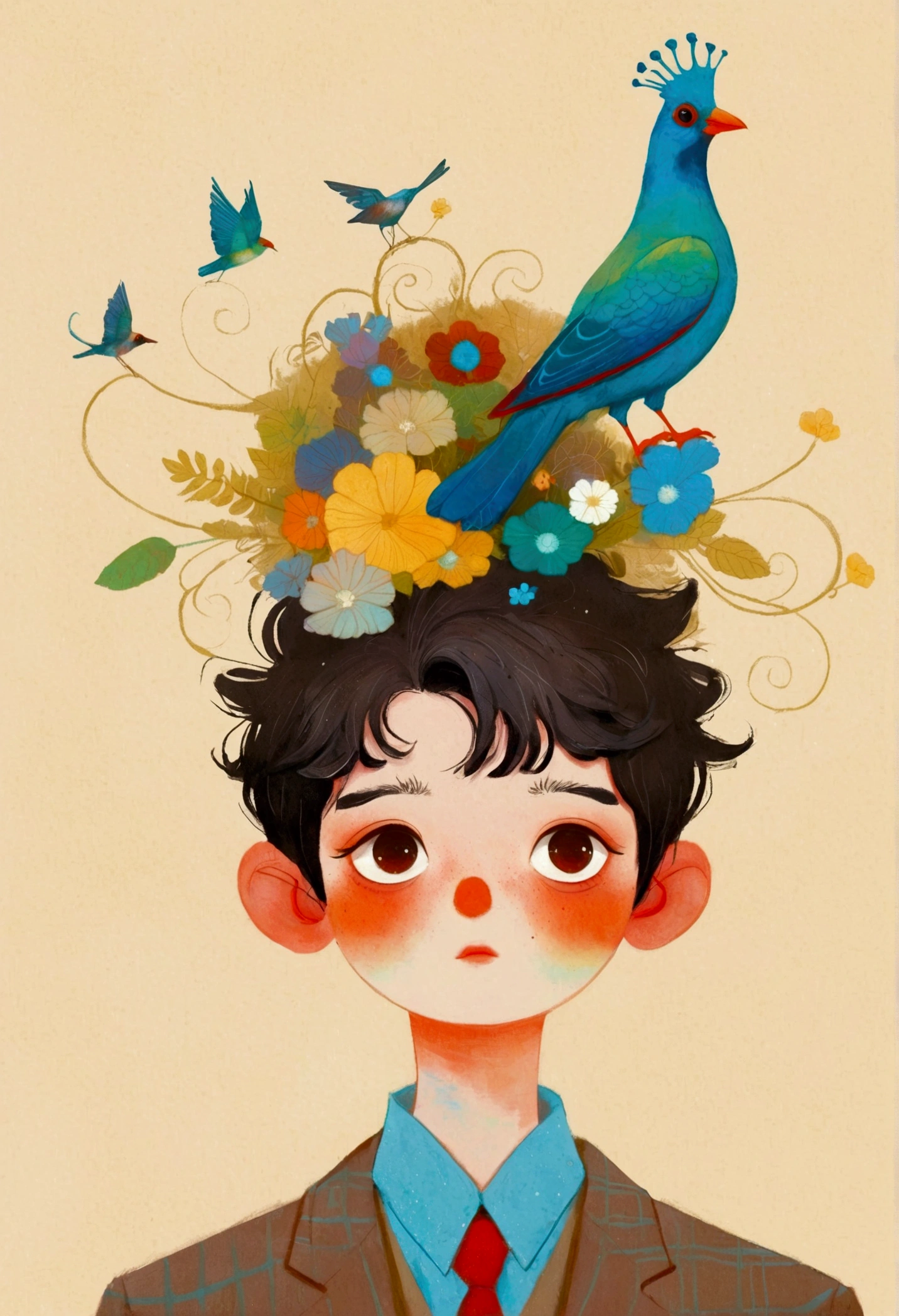 Drawing of a boy with a bird on his head, Surrealism inspired by Maciej Kuciara, tumblr, Pop surrealism, Beeple 和 Jeremiah Ketner, Edgar Maxence 和 Ross Tran, yuri shwedoff and tom bagshaw, Blue Head, sergey kolesov, shaun tan 和 peter mohrbacher, james jean 和 wlop
