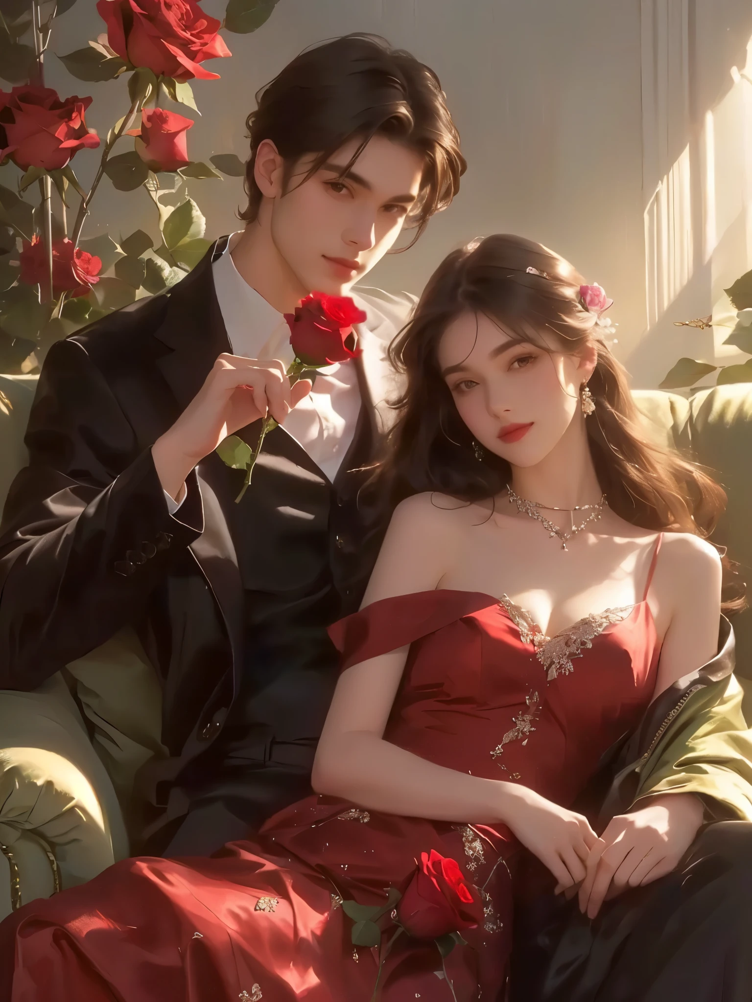 A couple sitting on a sofa,Holding a rose,,Beautiful face,=