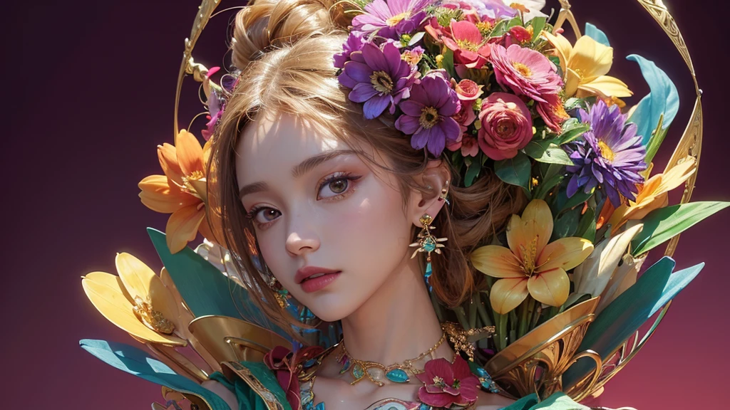 32K, 最高quality, 最高masterpiece, (ultra-Detailed Background, Detailed Background), High resolution, Super detailed, Very detailedな, One girl, (bouquet:1.3), (Tangled:1.2), (Geometric:1.2),(colorful),(masterpiece, quality, best quality, Official Art, Beautiful and beautiful:1.2), (1 girl:1.3), Very detailed,(colorful:1.1)(Flowers:1.3),Most detailed,(Tangled:1.2), whole body, (Abstract background:1.3), (Skin glows), (Many colors:1.4), ,(Earrings Jewelry:1.5), Pale Red Background,