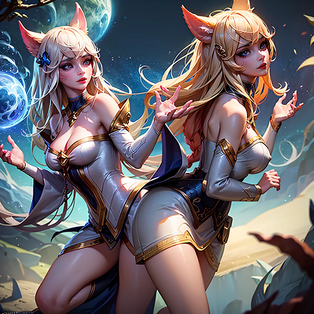 intricate detailed 9 massive white fluffy tails, beautiful detailed eyes, beautiful detailed lips, extremely detailed face, long eyelashes, 1 girl, fantasy, digital art, cinematic lighting, vivid colors, masterpiece, photo-realistic, hyper detail, 8K