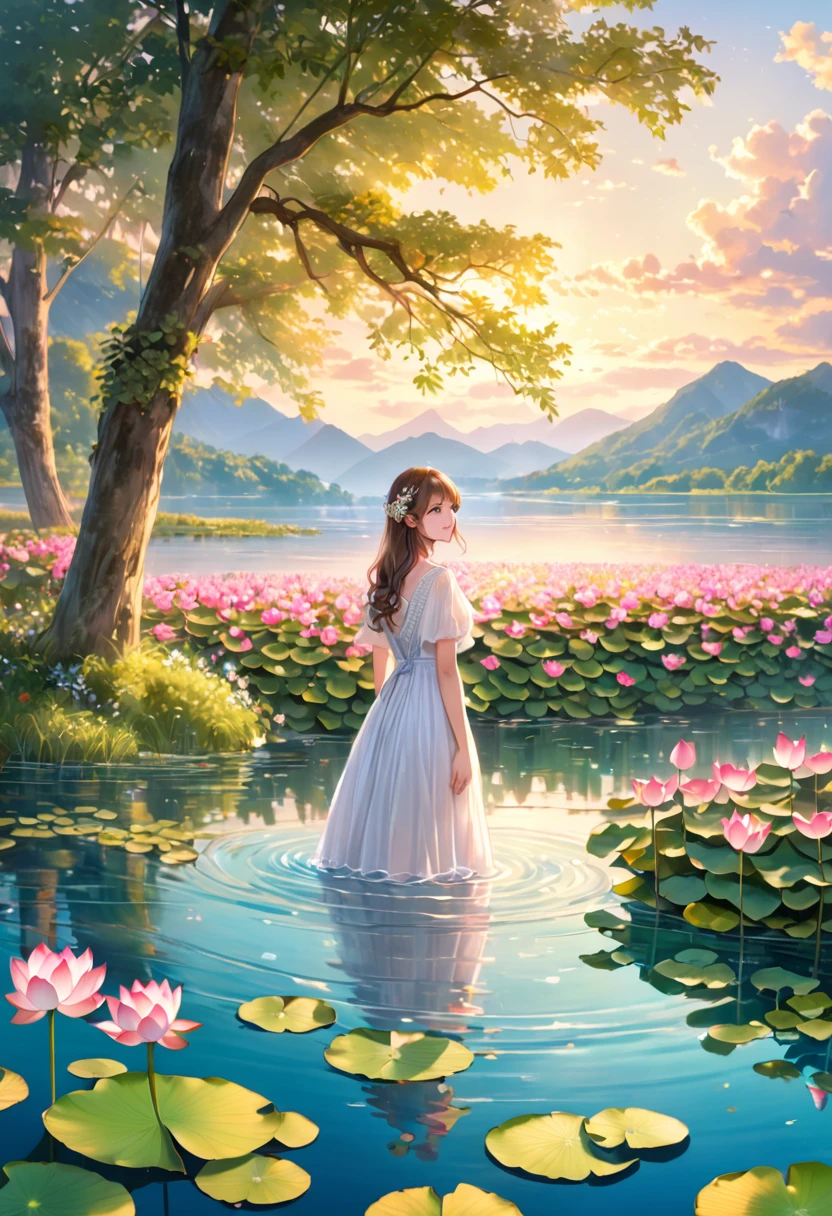 Girl standing under a tree on an island, (masterpiece, Highest quality, Highest quality), pixel,pixel art,Wedding dress,Black Hair,