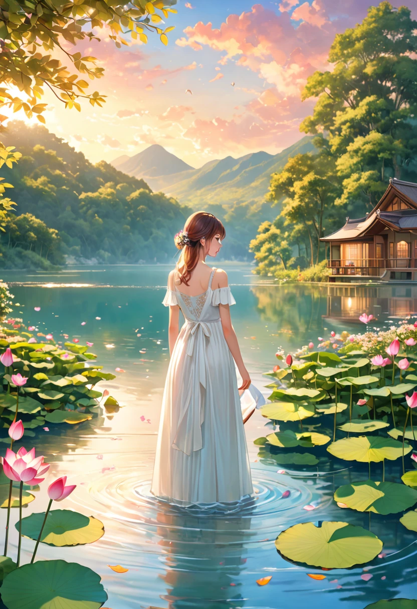 Colored pencils,fairy tales,Hand-painted feel,exquisite,A girl in a white dress stands in the water,(The head is replaced by an old-fashioned TV set covered with flowers:1.2),The background is the natural landscape of the lake,Including lotus flowers in the water and trees in the distance,The overall tone is warm,Dominated by pink and green,营造出一种dream般的复古氛围。There are also some wires and unplugged wires in the picture.,Adds a touch of modern and natural feeling,dream,montage