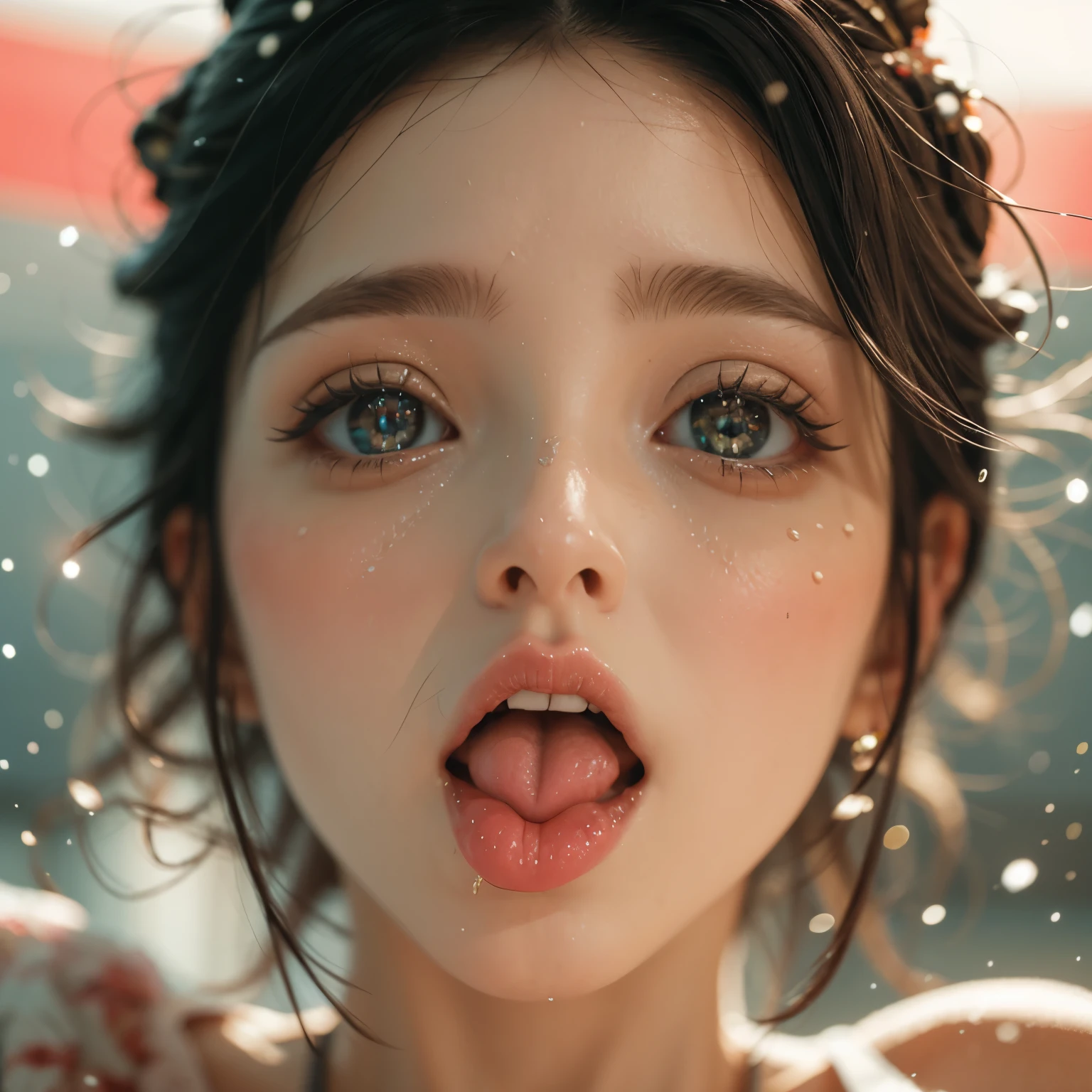 ExtremelyDetailed Kawaii girl Face,(Close-up big lips), glossy lips with beautiful details, Coquettish tongue, Kissing to camera, towards the viewer, 8K TopQuality masterpiece,an extremely delicate and beautiful (ProfessionalPhoto:1.37), {Amazing|finely detail|official art|incredibly absurdres},ultra-detailed close-up shot, close up, (fish eye lens), wide lens, macro lens, Detailed reflective Eyes ElaboratePupils with (sparkling highlights:1.28) (Delicate Voluminous LongEyelashes:0.88), {Tilted face|Visible back of throat|(saliva drips:0.8)|naked shoulder}, (Dripping juice on tongue:1.28) snow particles